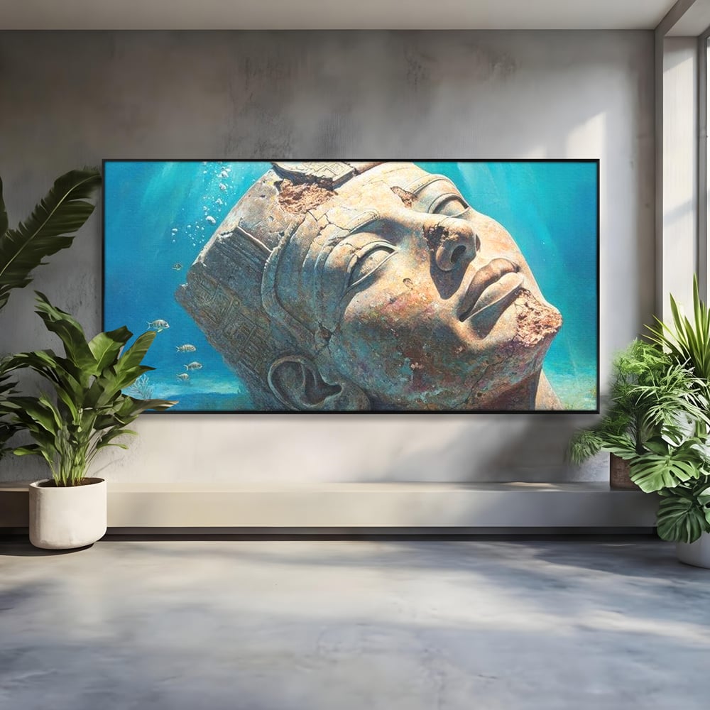 Tablou canvas cu cap de statuie faraonica scufundat, in rama de aluminiu negru